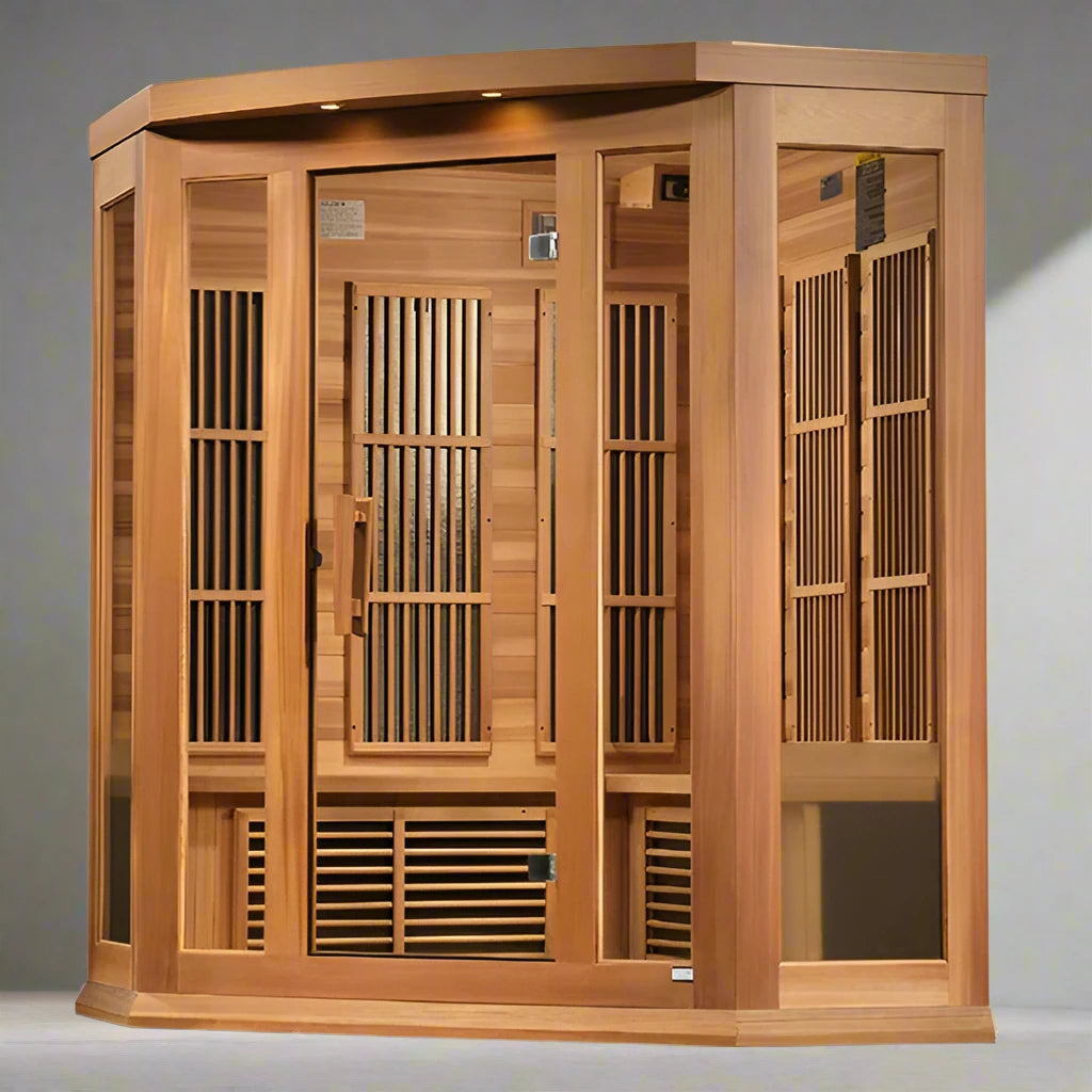 "Maxxus 3-Person Corner Sauna with Near Zero EMF FAR Infrared technology, Chromotherapy lighting, and Canadian red cedar construction."