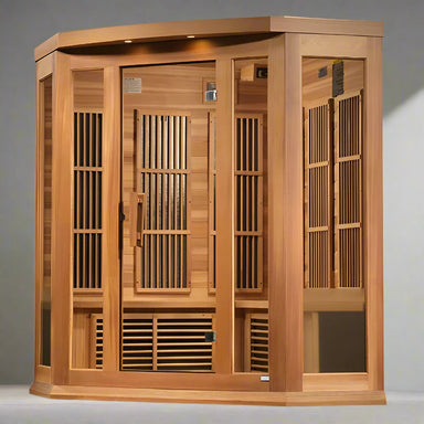 "Maxxus 3-Person Corner Sauna with Near Zero EMF FAR Infrared technology, Chromotherapy lighting, and Canadian red cedar construction."