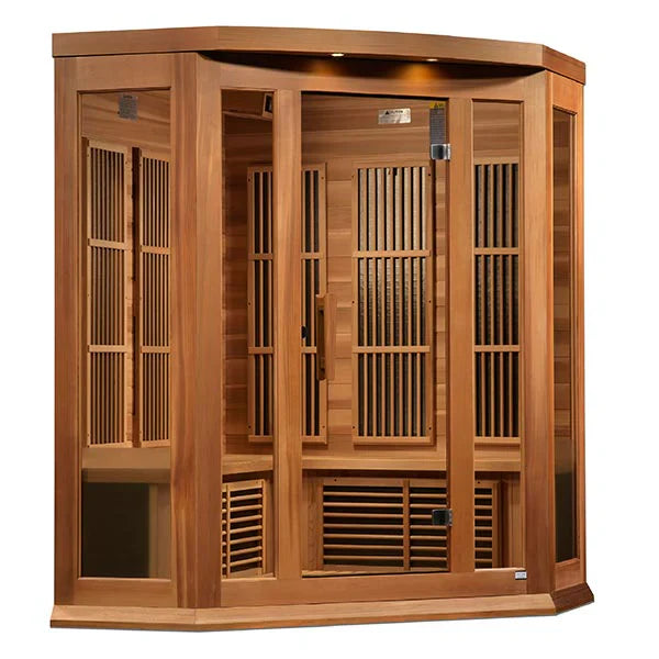 Maxxus 3 Person Corner Near Zero EMF FAR Infrared Sauna - Canadian Hemlock