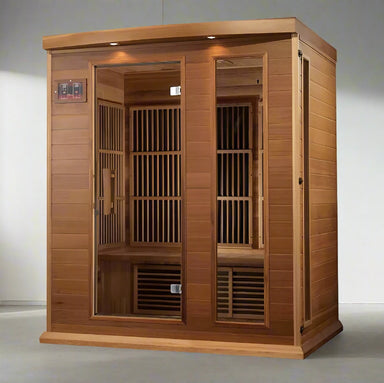 "Maxxus 3-person Low EMF FAR Infrared Sauna in reforested Canadian Red Cedar, featuring energy-efficient carbon heating panels, Bluetooth speakers, and Chromotherapy lighting."