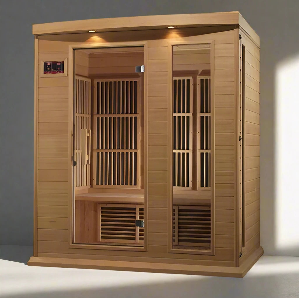  "Maxxus 3-Person Low EMF FAR Infrared Sauna with carbon heaters, chromotherapy lighting, and Bluetooth speakers."