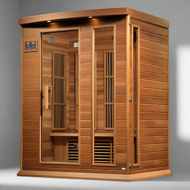 "Maxxus Sauna 3-Person Near Zero EMF FAR Infrared Sauna featuring Canadian red cedar, Bluetooth speakers, and Chromotherapy lighting."