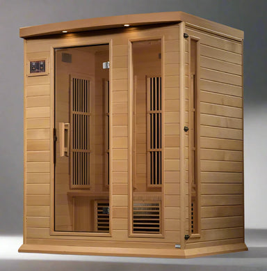 "Maxxus 3-Person Infrared Sauna with Canadian Hemlock wood, Chromotherapy lighting, and Bluetooth sound system."