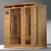 "Maxxus 3-Person Infrared Sauna with Canadian Hemlock wood, Chromotherapy lighting, and Bluetooth sound system."