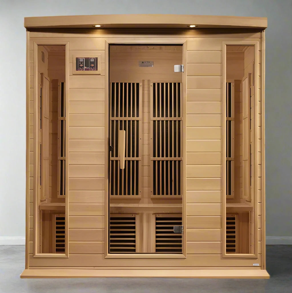 "Maxxus 4-Person Corner Sauna with Near Zero EMF FAR Infrared technology, Chromotherapy lighting, and Canadian hemlock wood construction."