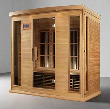 "Maxxus 4-person Low EMF FAR Infrared Sauna with reforested Canadian Red Cedar, featuring 9 energy-efficient carbon heating panels, Chromotherapy lighting, and Bluetooth speakers."