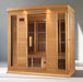 "Maxxus 4-Person Infrared Sauna with chromotherapy lighting, carbon heating panels, and eco-friendly hemlock design."