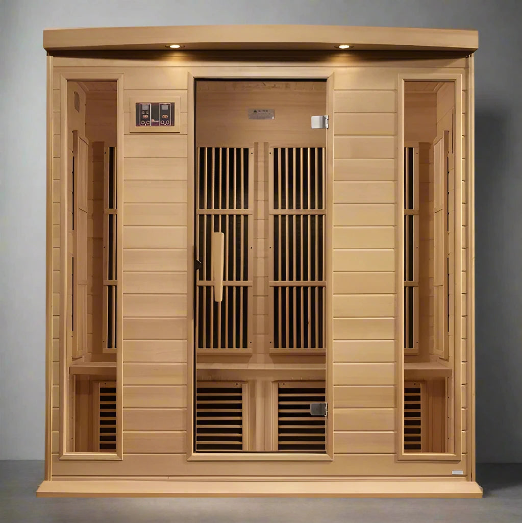 "Maxxus 4-person infrared sauna with low EMF PureTech™ panels and Canadian Hemlock wood construction"