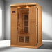 "Maxxus Luxe 2-Person Low EMF FAR Infrared Sauna with carbon heaters, chromotherapy lighting, and Bluetooth speakers."