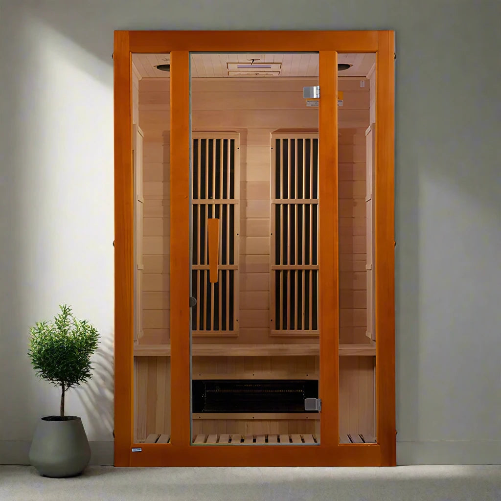 "2-person Low EMF FAR Infrared sauna with Canadian Hemlock, Bluetooth audio, chromotherapy lighting, and premium features"