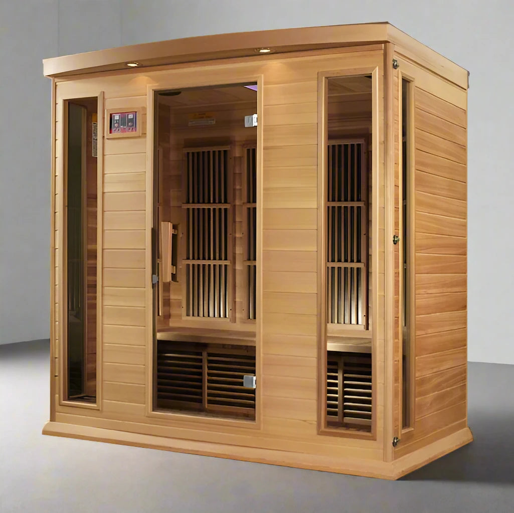 "Maxxus Tranquiluxe 4-person Low EMF FAR Infrared Sauna with reforested Canadian Red Cedar, featuring 9 energy-efficient carbon heating panels, Chromotherapy lighting, and Bluetooth speakers."