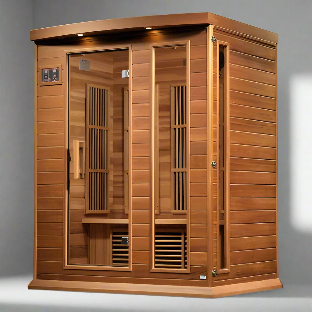 "Maxxus Sauna VistaPure Edition 3-Person Near Zero EMF FAR Infrared Sauna featuring Canadian red cedar, Bluetooth speakers, and Chromotherapy lighting."