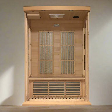 "Maxxus Zen 2-Person Infrared Sauna with natural Hemlock wood, Chromotherapy lighting, and Bluetooth sound system."