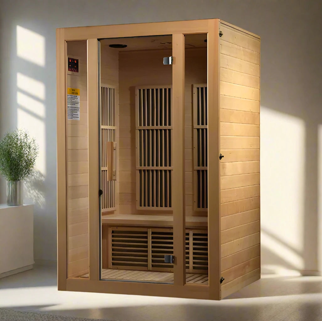 "Maxxus Seattle 2-Person Infrared Sauna in Canadian Hemlock wood with Near Zero EMF heating panels, Chromotherapy lighting, and Bluetooth speakers."