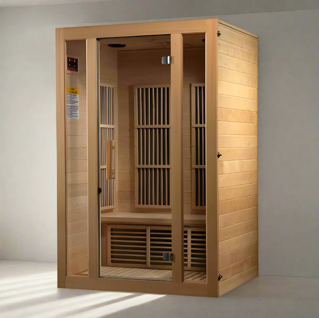 "Maxxus 2-Person Low EMF FAR Infrared Sauna with energy-efficient carbon heating, chromotherapy lighting, and Bluetooth speakers."