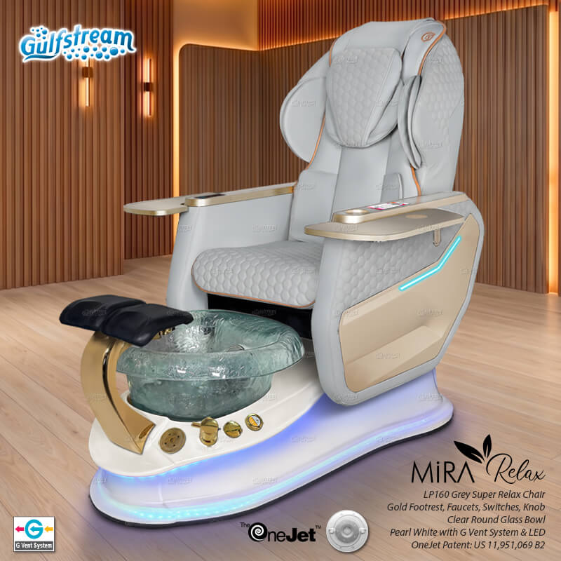 Gulfstream Mira Relax Spa with Light Grey Super Relax 3 chair, white base and clear glass bowl