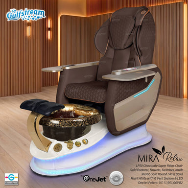 Gulfstream Mira Relax Spa with Chocolate Super Relax 3 chair, white base and Rustic Gold glass bowl