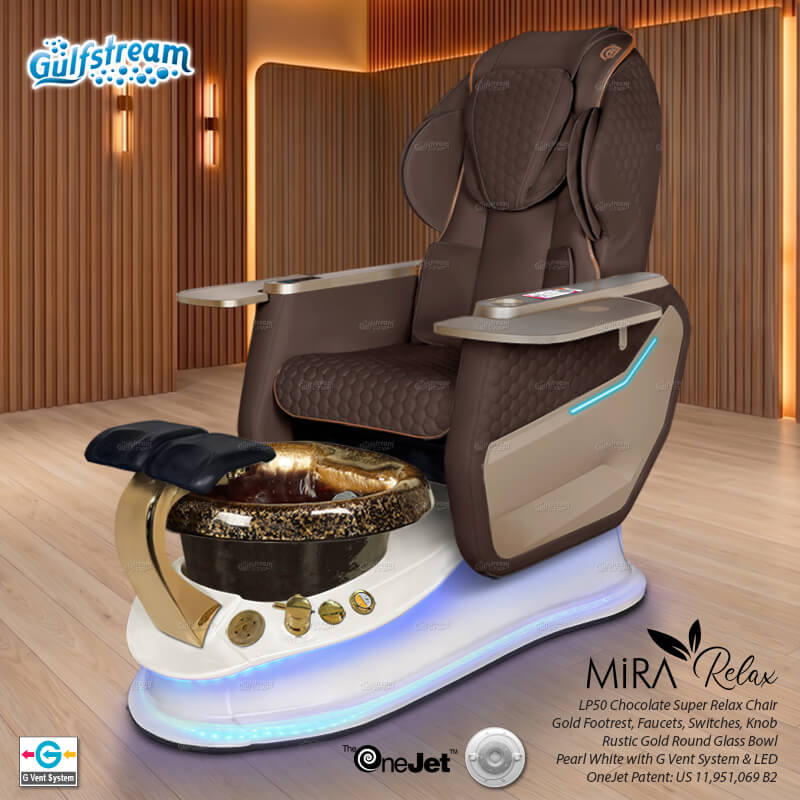 Gulfstream Mira Relax Spa with Chocolate Super Relax 3 chair, white base and Rustic Gold glass bowl