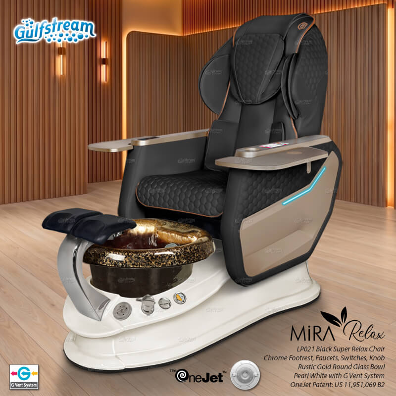 Gulfstream Mira Relax Spa with Black Super Relax 3 chair, white base and Rustic Gold glass bowl