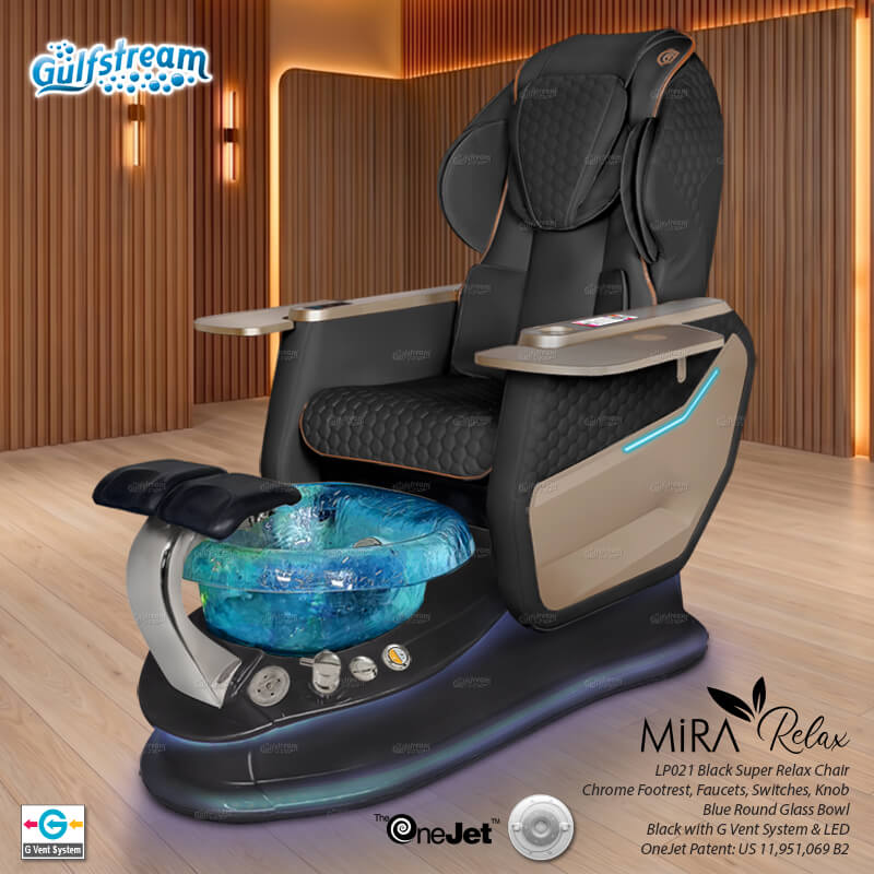 Gulfstream Mira Relax Spa with Black Super Relax 3 chair, black base and blue glass bowl