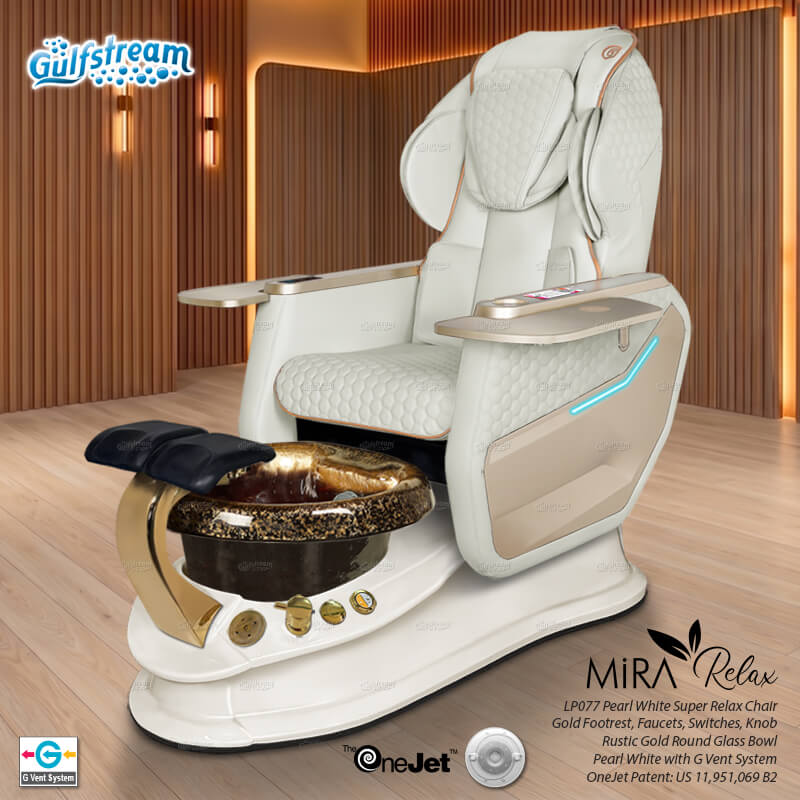 Gulfstream Mira Relax Spa with Pearl White Super Relax 3 chair, white base and Rustic Gold glass bowl