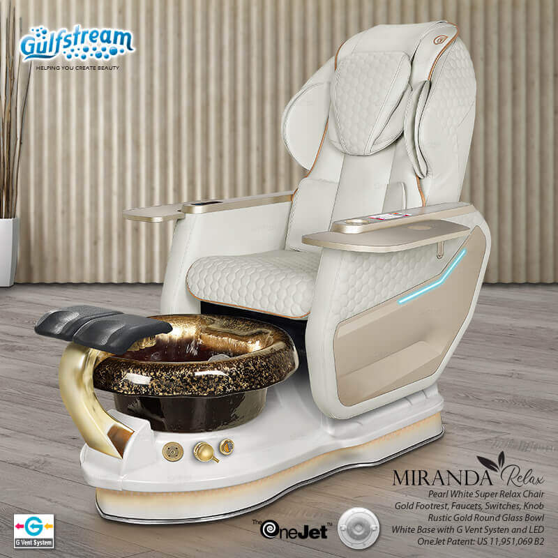 Gulfstream Miranda Relax Spa with Pearl White Super Relax 3 chair, white base and Rustic Gold glass bowl