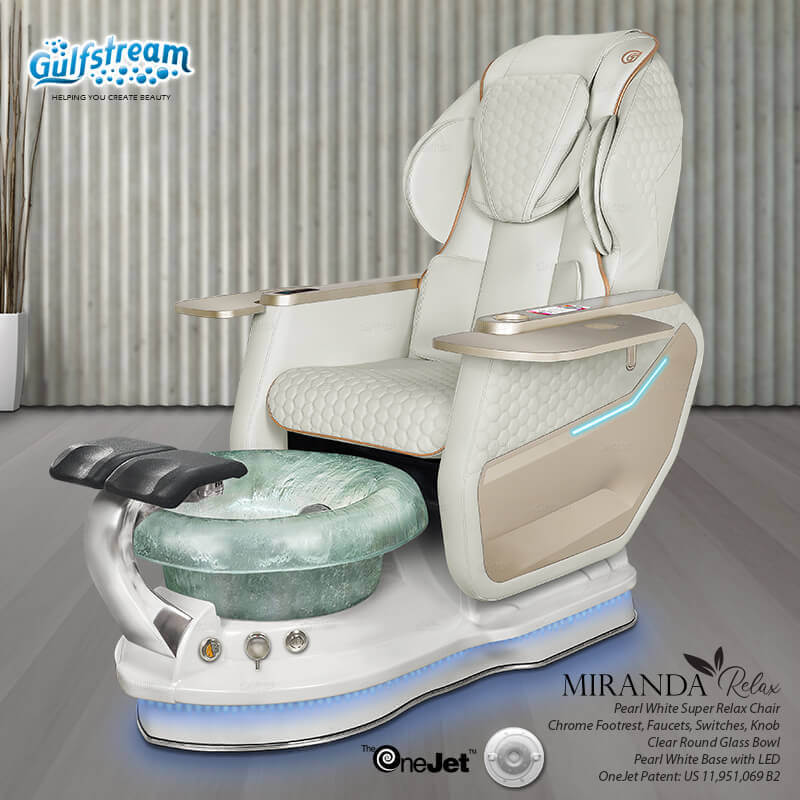 Gulfstream Miranda Relax Spa with Pearl White Super Relax 3 chair, white base and clear glass bowl