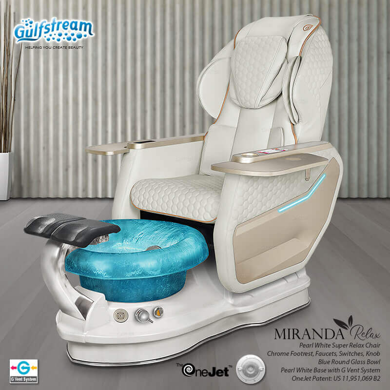 Gulfstream Miranda Relax Spa with Pearl White Super Relax 3 chair, white base and blue glass bowl