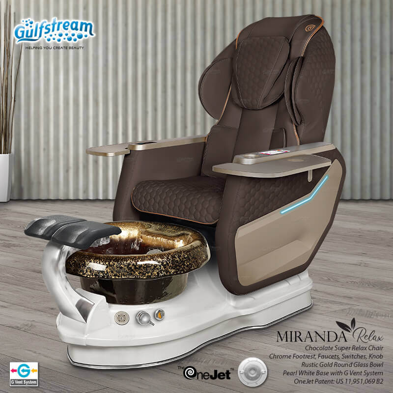 Gulfstream Miranda Relax Spa with Chocolate Super Relax 3 chair, white base and Rustic Gold glass bowl