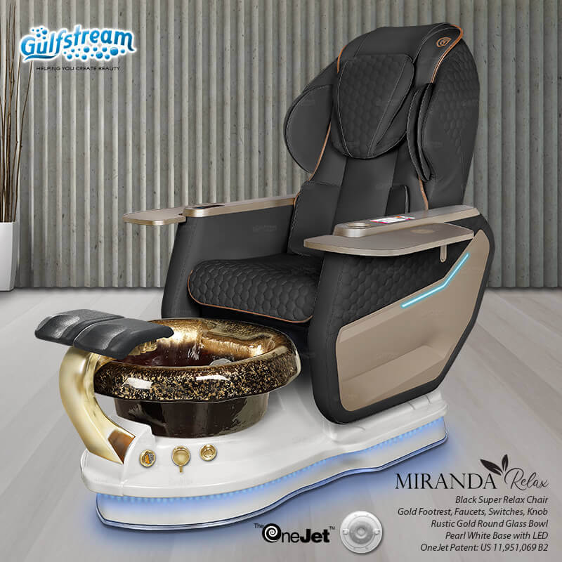 Gulfstream Miranda Relax Spa with Black Super Relax 3 chair, white base and Rustic Gold glass bowl