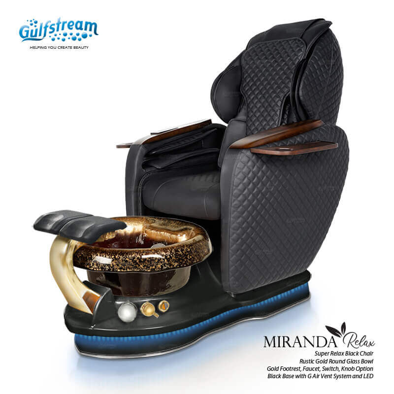 Gulfstream Miranda Relax Spa with Black quilted Super Relax 2 chair, black base and Rustic Gold glass bowl