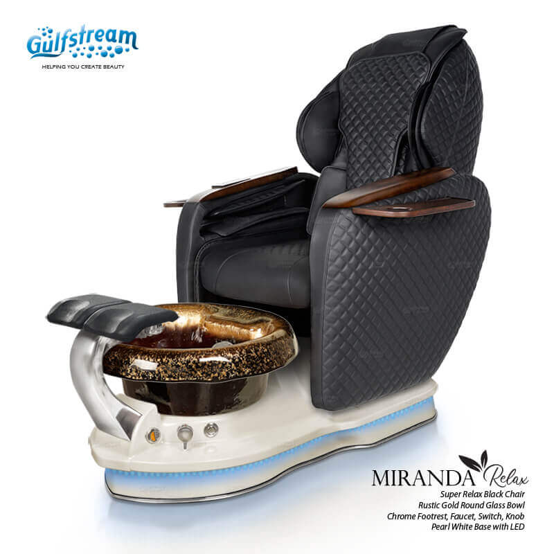 Gulfstream Miranda Relax Spa with Black quilted Super Relax 2 chair, white base and Rustic Gold glass bowl