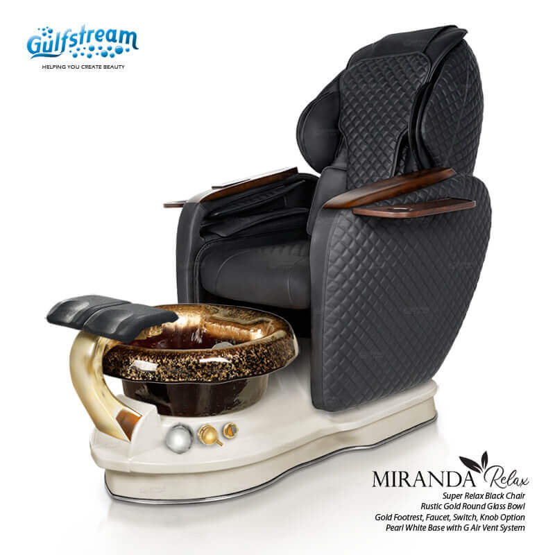 Gulfstream Miranda Relax Spa with Black quilted Super Relax 2 chair, white base and Rustic Gold glass bowl