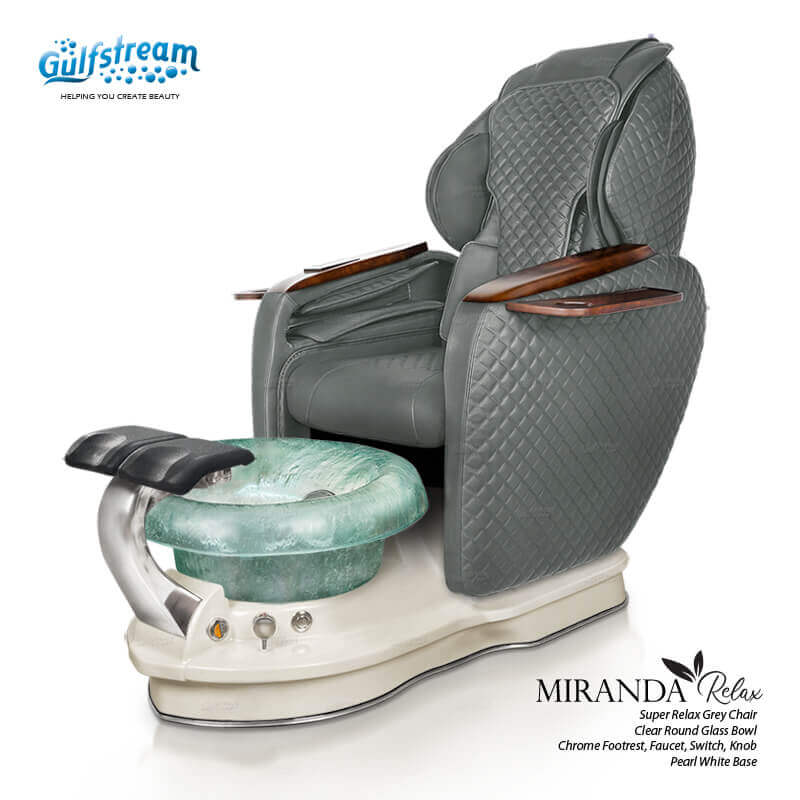 Gulfstream Miranda Relax Spa with Dark Grey quilted Super Relax 2 chair, white base and clear glass bowl