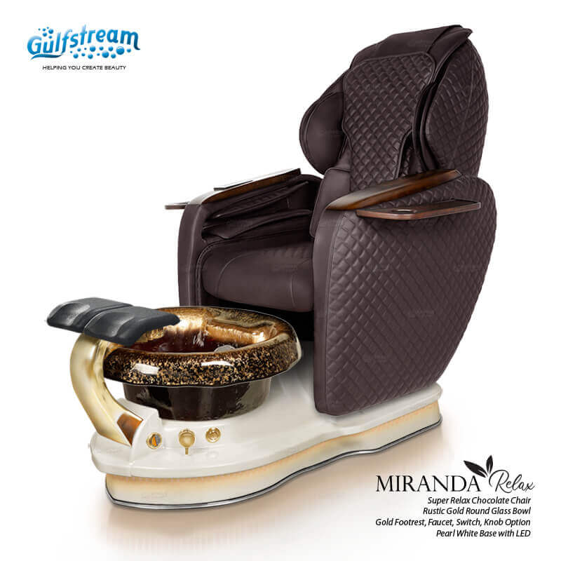 Gulfstream Miranda Relax Spa with Chocolate quilted Super Relax 2 chair, white base and Rustic Gold glass bowl