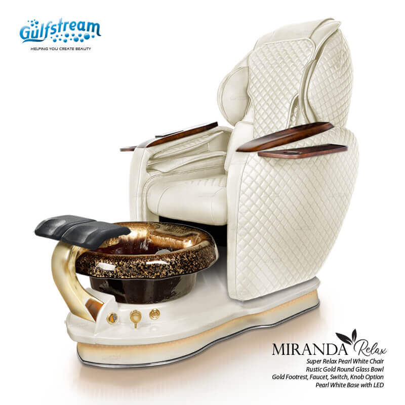 Gulfstream Miranda Relax Spa with Pearl White quilted Super Relax 2 chair, white base and Rustic Gold glass bowl