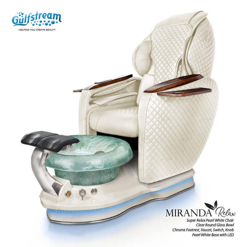 Gulfstream Miranda Relax Spa with Pearl White quilted Super Relax 2 chair, white base and clear glass bowl