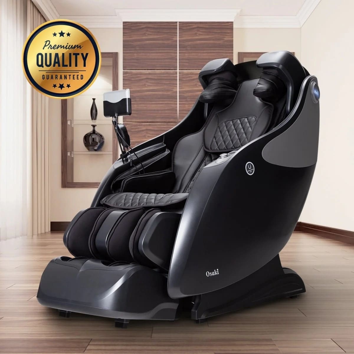 Luxury massage chair in black on wood flooring