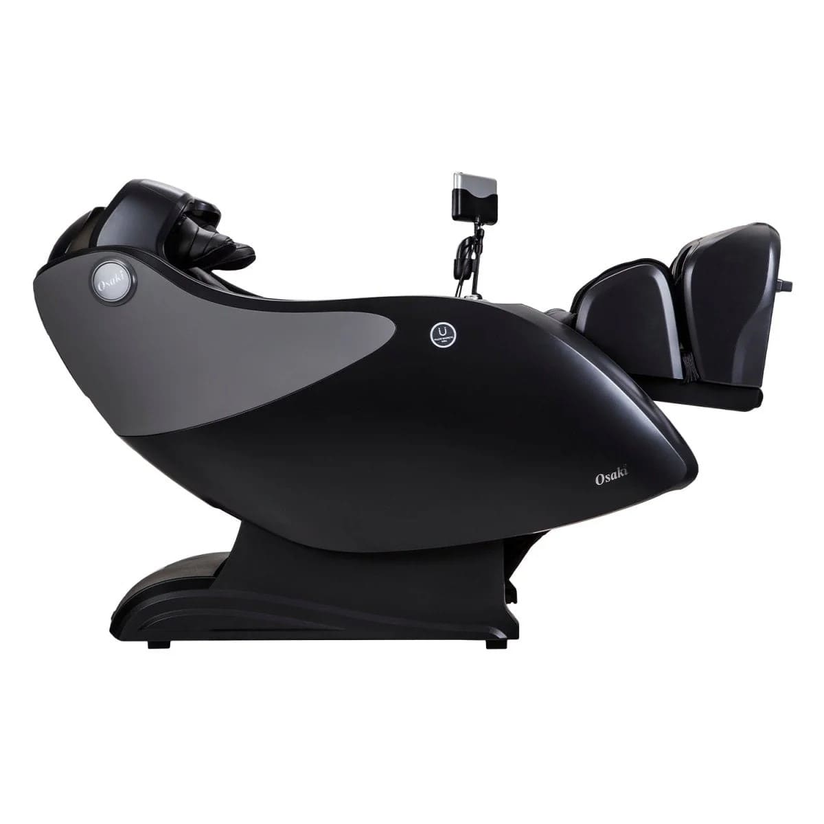 Side view of black and gray massage chair with elevated footrest