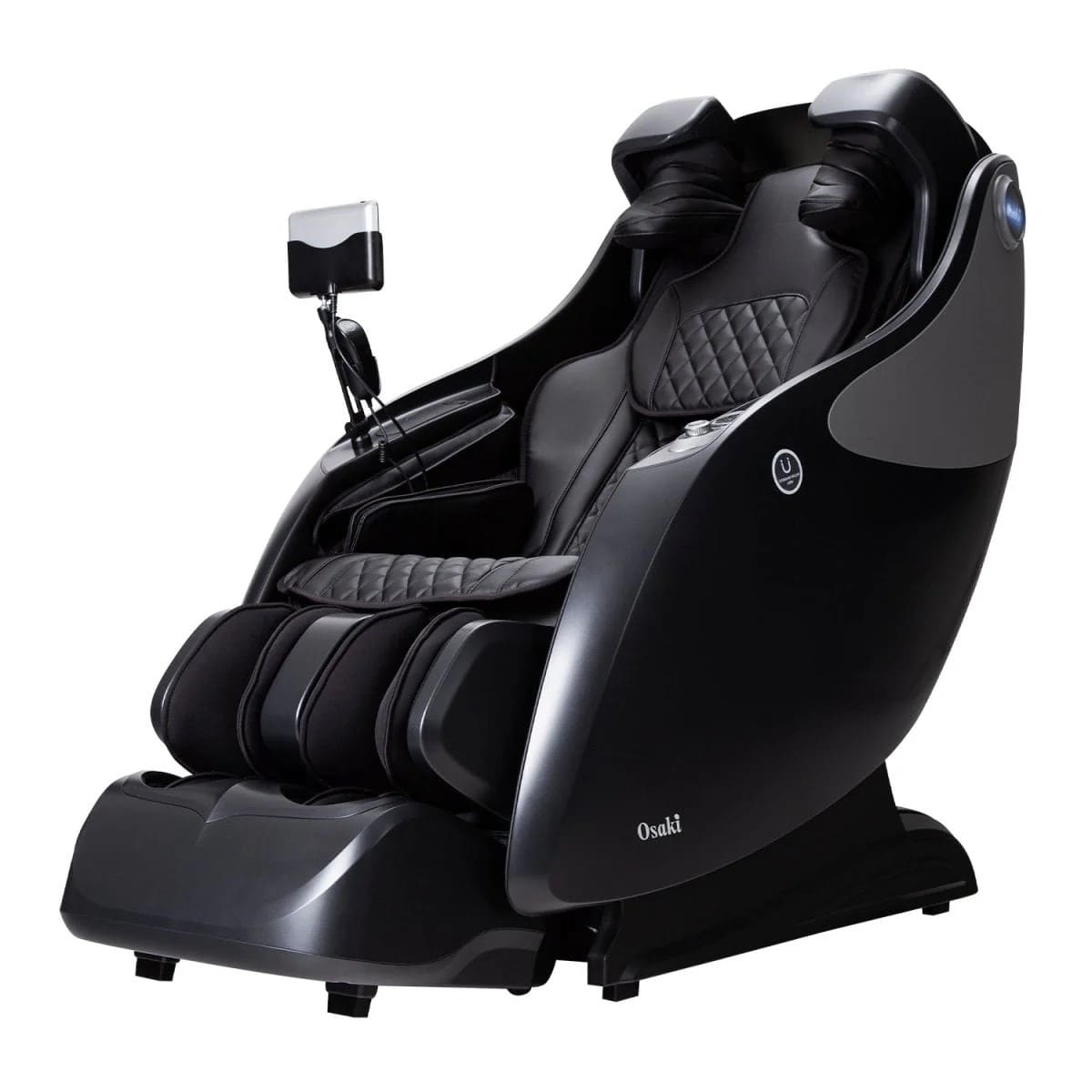 Black massage chair with remote tablet against white background