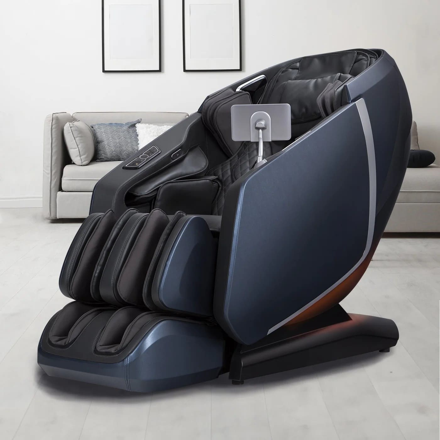 Osaki OS HighPointe 4D massage chair in blue displayed in modern living room setting

