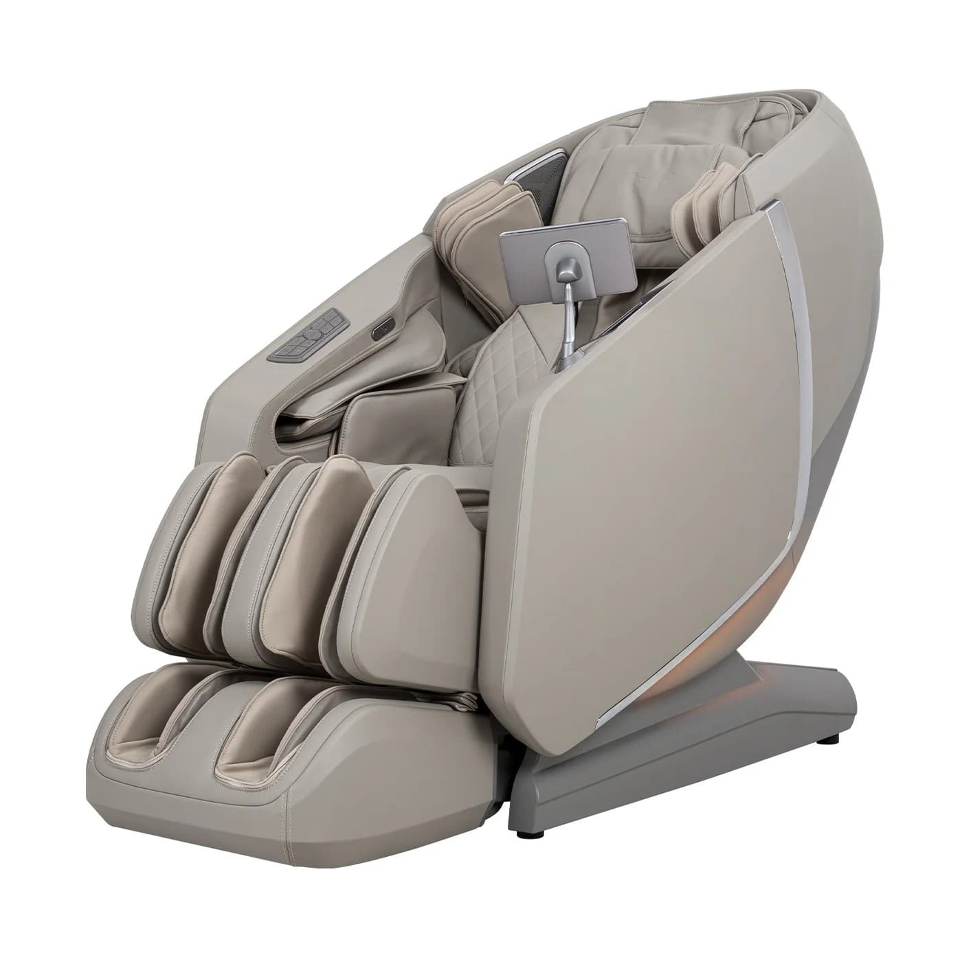 Osaki OS HighPointe 4D massage chair in taupe, three-quarter view on white background
