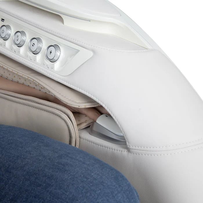 Close-up of arm massage feature and control panel on the OS-Pro 4D DuoMax in taupe

