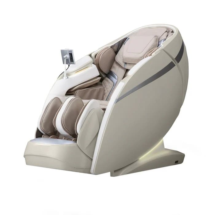 Osaki OS-Pro 4D DuoMax massage chair in taupe, angled three-quarter view on white background

