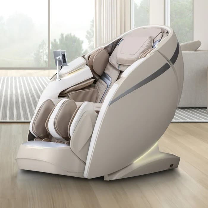 Osaki OS-Pro 4D DuoMax massage chair in taupe displayed in a bright modern living room
