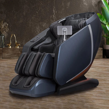 Osaki OS HighPointe 4D massage chair in blue lifestyle shot with dark moody background
