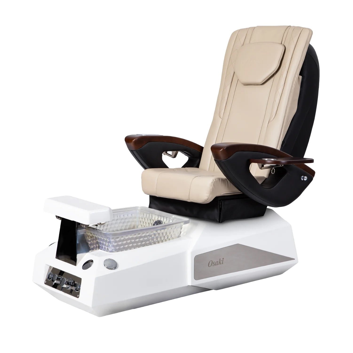 Beige pedicure chair with whte bowl and base