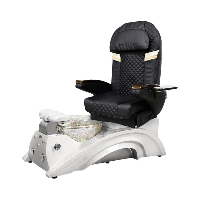 Black pedicure chair with white base and crystal bowl