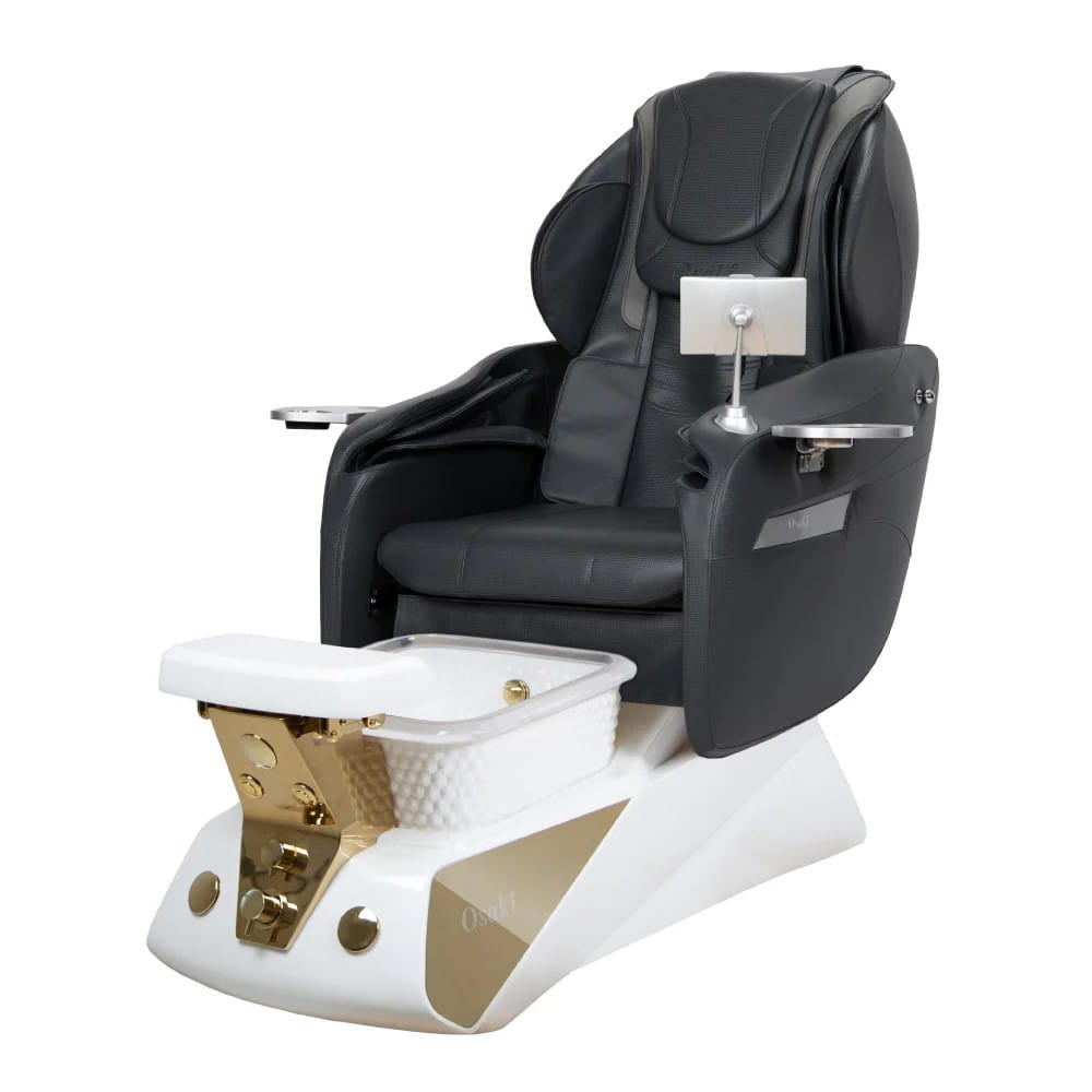 Osaki Comet pedicure chair - black leather with white and gold spa basin