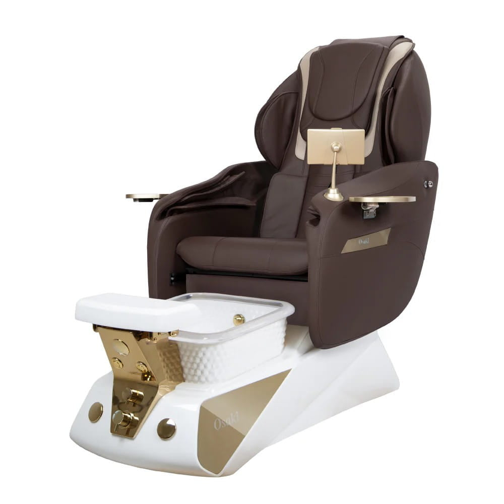 Pedicure Massage Chair with Brown Seat, White and Gold Basin and Tablet Remote